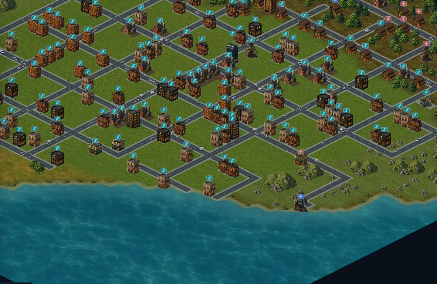 The isometric city: streets, shops, factories and a working harbour, with traffic on the roads.