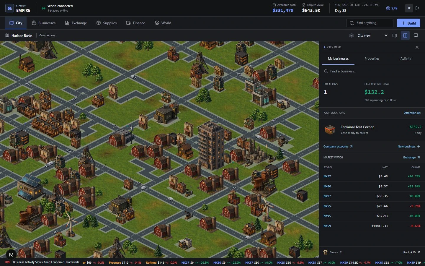 Actual game capture of the city map, business workspace and market watch.