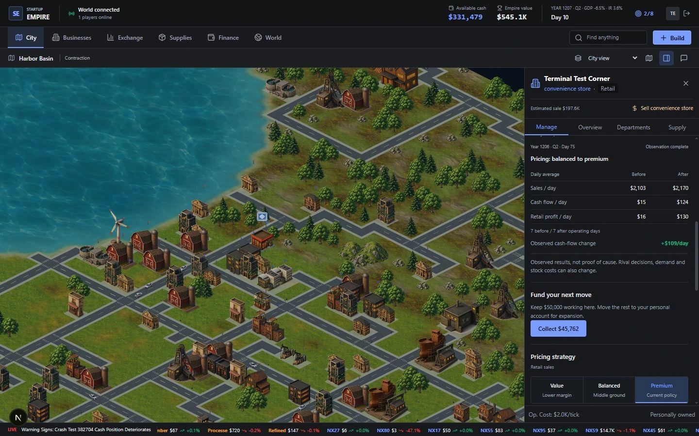 Actual game capture of pricing choices, operating results and the decision journal for a player-owned business.